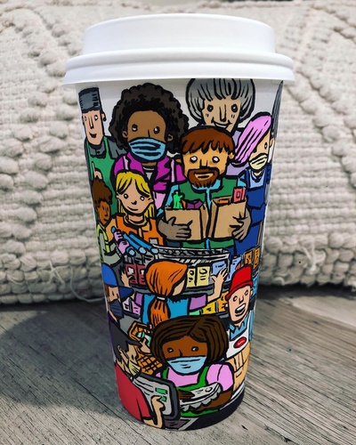 咖啡杯上的漫画的的INS图片-(2020-04-14 02:15:48)Today's #HeroesOfCOVID cup is for the grocery and restaurant workers, the food suppliers and deliverers. All the people making sure those who are fortunate enough to stay home are able to get the supplies they need. Thank you for everything. We couldn't do this without you.