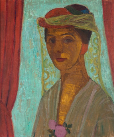 荷兰海牙市立美术馆藏画高清实拍的油画作品-Paula_Modersohn-Becker_-_Self-portrait_with_hat_and_veil