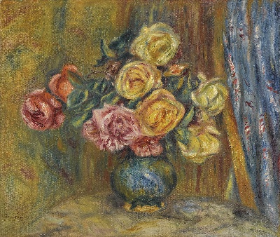 雷诺阿 高清画稿 第三弹的油画作品-PIERRE-AUGUSTE RENOIR-LES ROSES AU RIDEAU BLEU