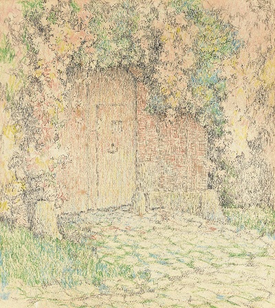 亨瑞·塞蒂纳的油画作品-亨瑞.塞蒂纳-LE PORTAIL DE LA MAISON ROSE, GERBEROY