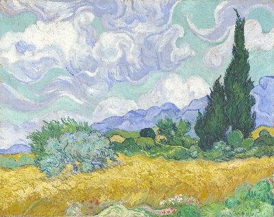 风景1.梵高风景画1的油画作品-A Wheatfield, with Cypresses