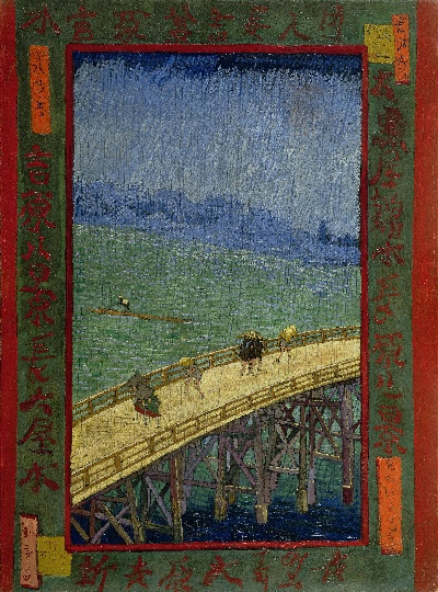 风景1.梵高风景画1的油画作品-Bridge in the rain after Hiroshige (October 1887 - November 1887)