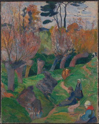 保罗·高更作品的油画作品-Brittany Landscape with Women and Cows, 1889