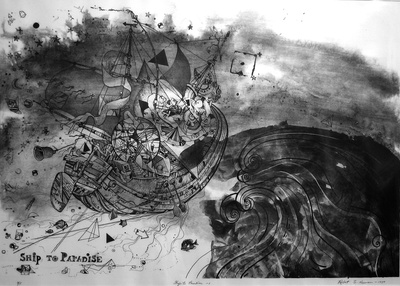 【美国】罗伯特·纽曼（Robert S. Neuman）抽象绘画的油画作品-Robert-S.-Neuman-Ship-to-Paradise-2-1977-石版印刷-由艺术家和阳光提供-萨维奇画廊