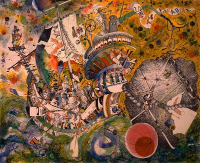 【美国】罗伯特·纽曼（Robert S. Neuman）抽象绘画的油画作品-Robert-S.-Neuman-Ship-to-Paradise-Impubered-by-a-Great-Rock-1987-mixed-media-Cuttery-of-the-Allan-Stone-Gallery-New-York-e1448302610961