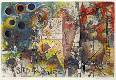 【美国】罗伯特·纽曼（Robert S. Neuman）抽象绘画的油画作品-Robert-S.-Neuman-Ship-to-Paradise-Paradise-Found-1983-acquatint-with-mixed-media-Cuttery-of-the-Currier-Museum-of-Art