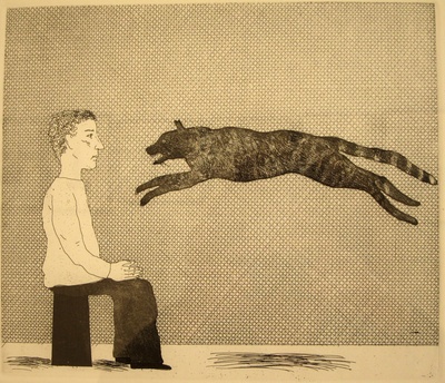 大卫霍克尼的油画作品-1969.A Black Cat Leaping(Etching, Aquatint)