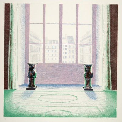 大卫霍克尼的油画作品-1974Two Vases In The Louvre(etching)