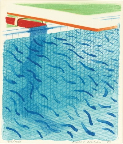 大卫霍克尼的油画作品-1980Pool Made With Paper And Blue Ink For Book(lithograph)