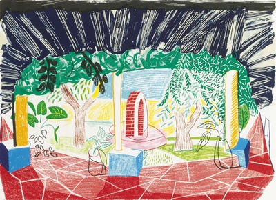 大卫霍克尼的油画作品-1984-1985View Of A Hotel Well I