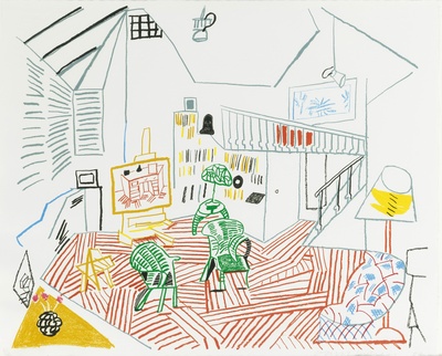 大卫霍克尼的油画作品-1984Pembroke Studio Interior(lithograph)