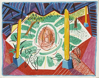 大卫霍克尼的油画作品-1985View Of Hotel Well Ii(lithograph)