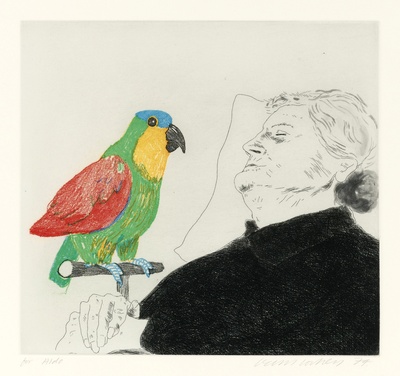大卫霍克尼的油画作品-1974Félicité Sleeping With Parrot