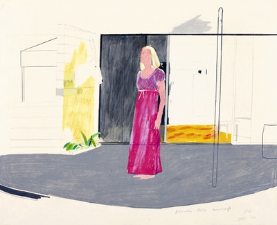 大卫霍克尼的油画作品-1966Beverly Hills Housewife(pencil And Crayon)