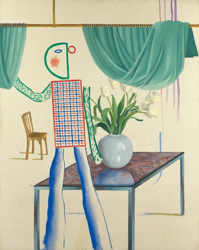 大卫霍克尼的油画作品-1975Invented Man Revealing Still Life