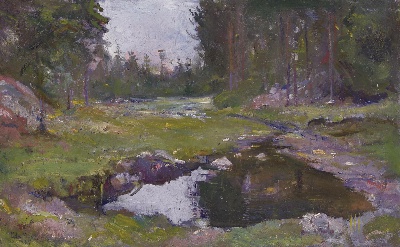 蒙克油画的油画作品-Skogs Landscap Med Tjern (Woodland Landscape with Lake)