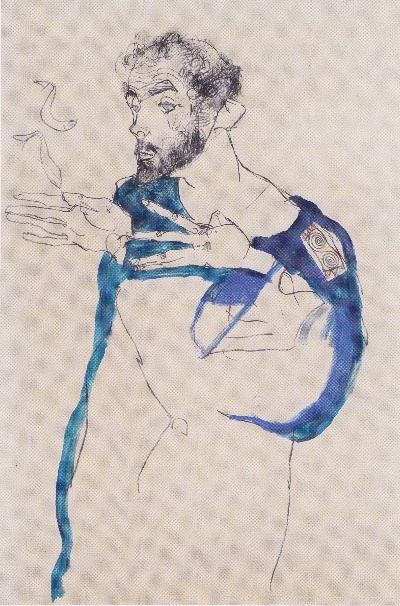 克里姆特油画和素描的油画作品-Egon_Schiele_-_Gustav_Klimt_im_blauen_Malerkittel_-_1913.jpeg