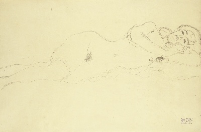 克里姆特油画和素描的油画作品-Gustav Klimt-LIEGENDER AKT NACH RECHTS (RECLINING NUDE TO THE RIGHT)