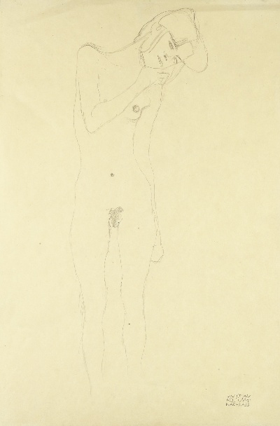 克里姆特油画和素描的油画作品-Gustav Klimt-MÄDCHENAKT VON VORNE, DIE RECHTE HAND AM KINN   (FEMALE NUDE