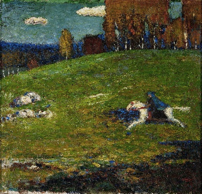 康丁斯基作品的油画作品-Wassily_Kandinsky,_1903,_The_Blue_Rider_(Der_Blaue_Reiter),_oil_on_canvas,_52.1_x_54.6_cm,_Stiftung_Sammlung_E.G._BUhrle,_Zurich