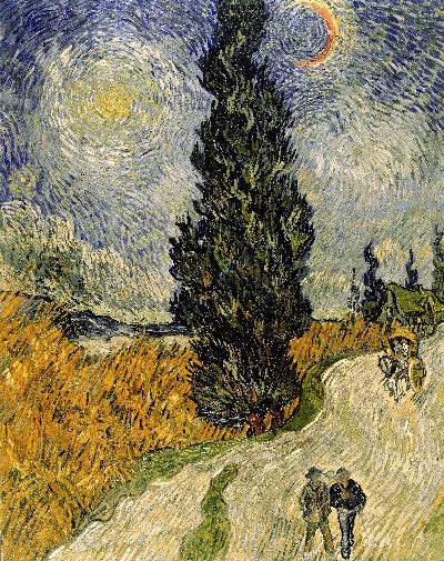 印象派图集1的油画作品-Vincent Van gogh-Road with Cypress and Star