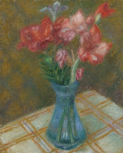 印象派图集1的油画作品-William James Glackens-GLADIOLAS IN GREEN GLASS VASE