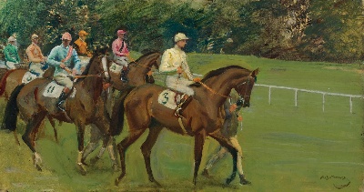 印象派图集2的油画作品-Alfred James Munnings P.R.A. R.W.S.- PARADE TO THE POST, KEMPTON PARK