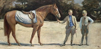 印象派图集2的油画作品-Alfred James Munnings P.R.A. R.W.S.- RUFUS AND THE STABLE BOYS