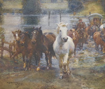 印象派图集2的油画作品-Alfred James Munnings P.R.A. R.W.S.- CROSSING THE FORD2