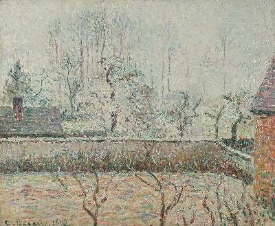 印象派图集3的油画作品-Camille Pissarro-PAYSAGE AVEC MAISONS ET MUR DE CLOTURE GIVRE ET BRUME ERAGNY
