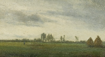 印象派图集3的油画作品-Camille Pissarro-PAYSAGE AVEC TROUPEAU DE MOUTONS ET MEULES