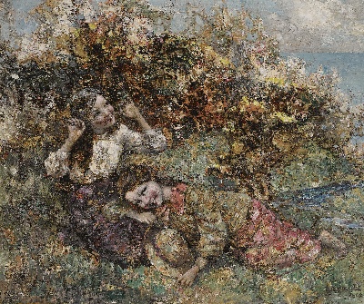 印象派图集3的油画作品-Edward Atkinson Hornel-GIRLS PICKING WILD FLOWERS