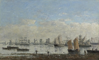 印象派图集3的油画作品-Eugene Boudin-CAMARET, BATEAUX DE PECHE ANCRES DANS LA RADE