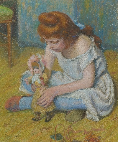 印象派图集4的油画作品-Federico Zandomeneghi-ENFANT JOUANT À LA POUPEE