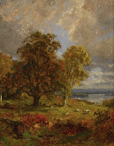 印象派图集5的油画作品-Jasper Francis Cropsey-LANDSCAPE WITH TREES AND SHEEP NEAR A COPSE