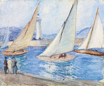 印象派图集5的油画作品-Henri Lebasque-DEPART DE REGATES DANS LE MIDI ST. TROPEZ