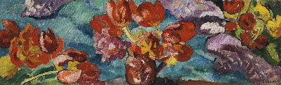 印象派图集6的油画作品-Louis Valtat-BOUQUET AUX TULIPES ET A LA TENTURE BLEUE