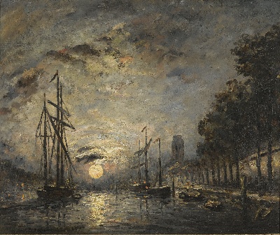 印象派图集6的油画作品-Johan Barthold Jongkind-BATEAU-CLAIR DE LUNE SUR UN CANAL, DORDRECHT