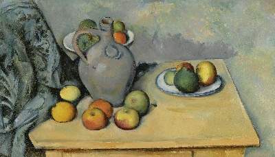 印象派图集7的油画作品-Paul Cezanne-PICHET ET FRUITS SUR UNE TABLE