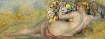 印象派图集7的油画作品-Pierre-Auguste Renoir-FEMME NUE COUCHEE SOUTENANT DES FRUITS