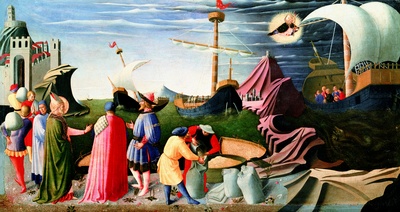 安吉利科作品2的油画作品-安吉利科-0075823佩鲁贾三联画·圣尼古拉斯迎接外邦信使的帆船