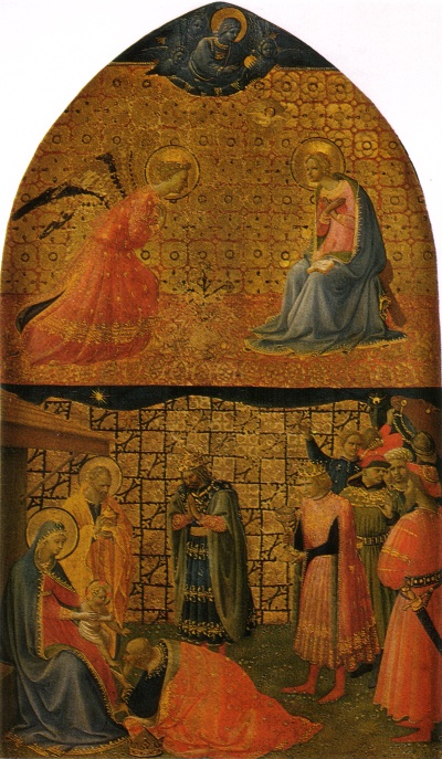 安吉利科作品的油画作品-Angelico,_annunciazione_e_adorazione_dei_magi,_42x25