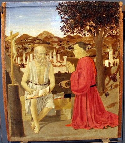 弗朗西斯卡作品的油画作品-Piero_della_francesca,_san_girolamo_con_un_devoto,_ve,_01