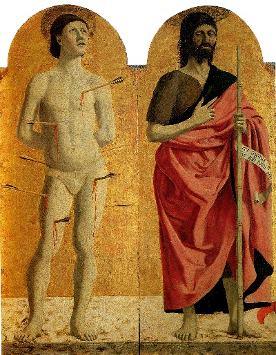 弗朗西斯卡作品的油画作品-Piero,_Pala_della_misericordia,_santi_sebastiano_e_giovanni_battista
