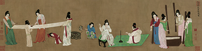 北宋 赵佶 摹张萱捣练图的国画作品-北宋 赵佶 摹捣练图画芯37X145.3cm