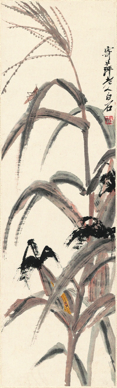 历代国画.齐白石.源文件的国画作品-玉米蚱蜢