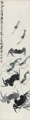 历代国画.虾13张.齐白石的国画作品-齐白石-虾蟹图 治人先生清属 35×137