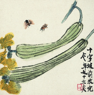 历代国画.源文件.册页8开9重复9的国画作品-近现代 齐白石-1-蜜蜂丝瓜图 纸本34.5x34.5