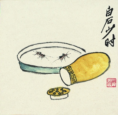 历代国画.源文件.册页8开9重复9的国画作品-近现代 齐白石-1-蟋蟀斗趣图 纸本34.5x34.5