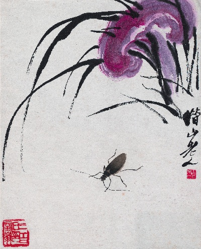历代国画.源文件.工虫八开的国画作品-齐白石工虫八开 灵芝、草和天牛